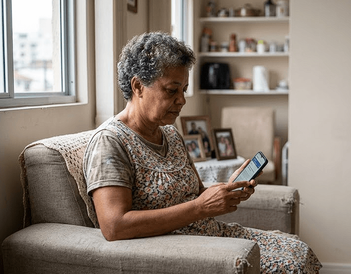 Aposentada do INSS analisando extrato de benefício no celular em casa para simular empréstimo consignado com prazo de 108x e margem de 40% após o Desenrola 2.0 com a LMR Promotora.