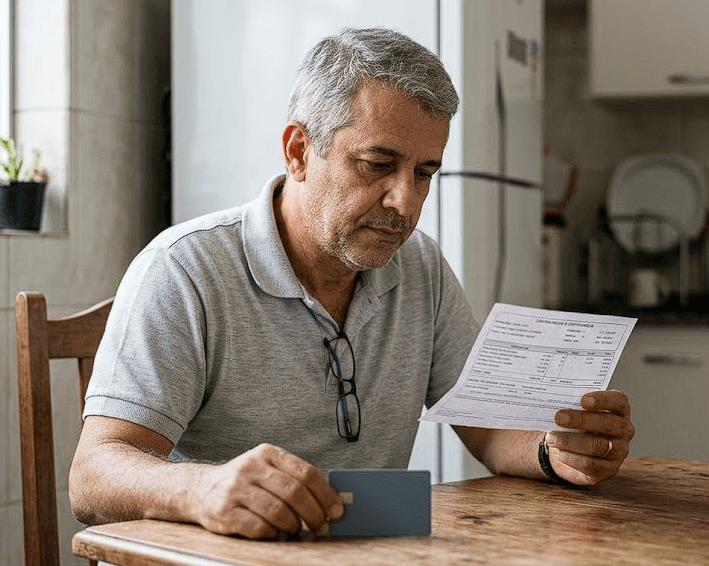 Servidor do Governo de São Paulo analisando contracheque com a rubrica PKL ONE PARTICIPAÇÕES do cartão de benefícios CredCesta, em processo de compra de dívida via Neocrédito com a LMR Promotora.