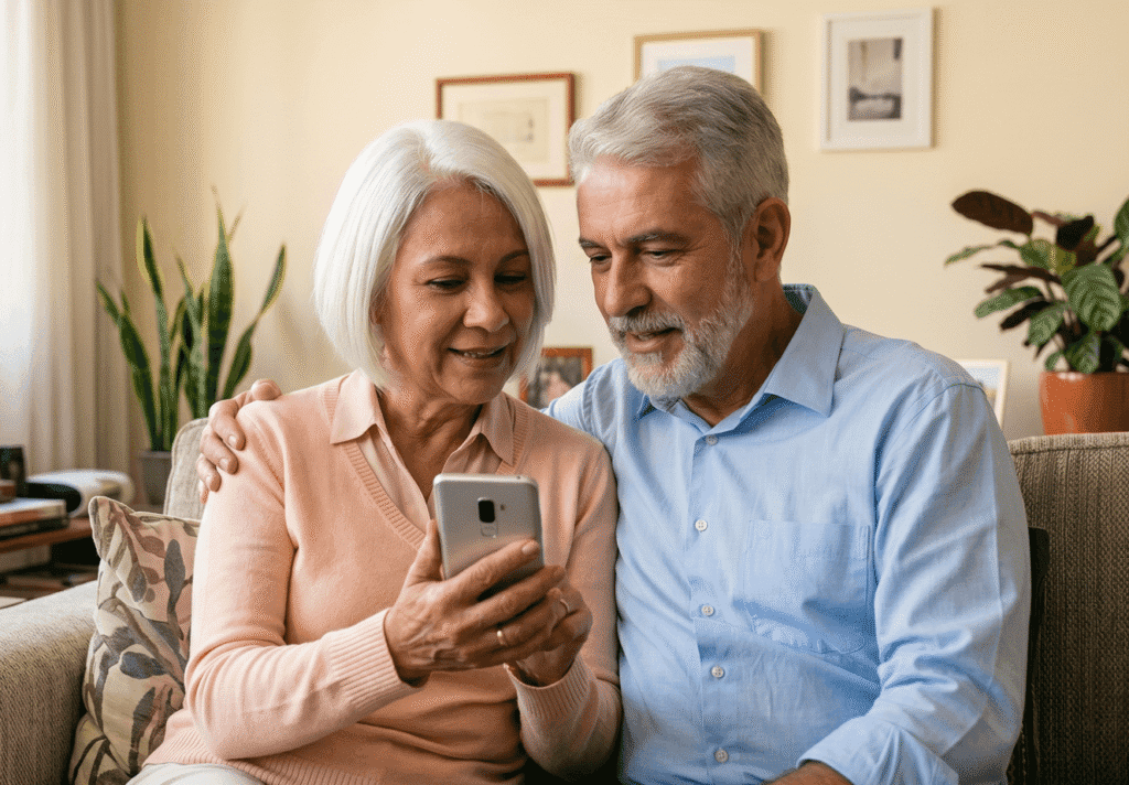 Casal de aposentados do INSS sentados juntos no sofá de casa, consultando a margem disponível para Empréstimo Consignado pelo celular
