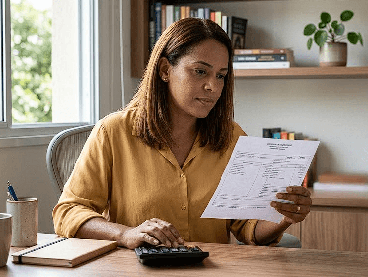 Servidora SIAPE analisando contracheque com calculadora para entender por que a margem aprovada pelo banco foi menor que o esperado, com orientação da LMR Promotora.