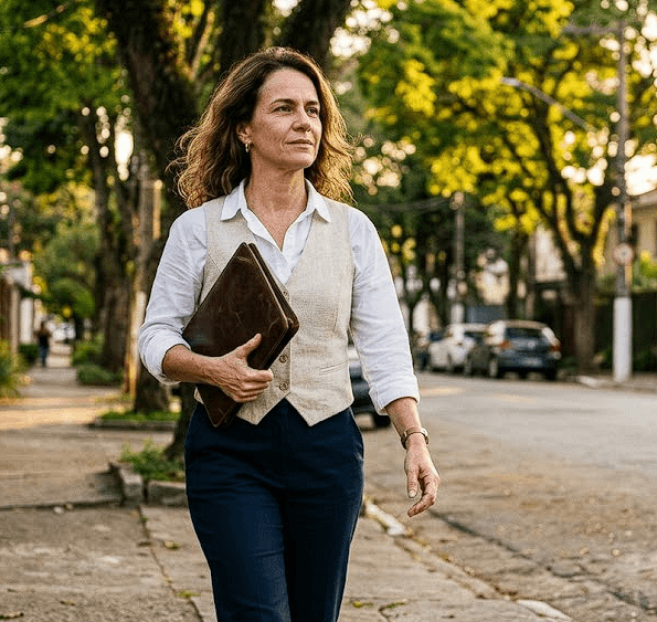 Pensionista Temporária Feminina SIAPE: 11 bancos atendem o empréstimo consignado em 2026 1 Pensionista temporária feminina do SIAPE caminhando em ambiente urbano com pasta profissional, perfil atendido por 11 bancos para empréstimo consignado com a LMR Promotora.