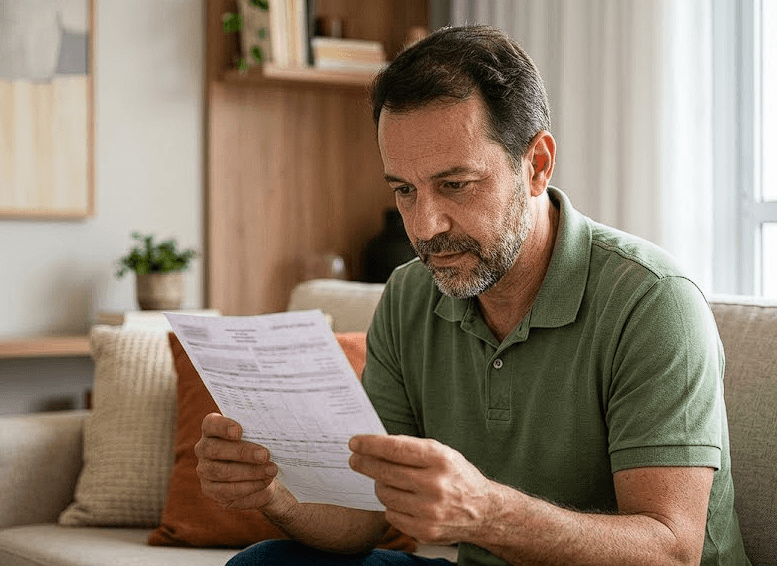 Servidor do Governo do Estado de São Paulo examinando contracheque para entender a rubrica PKL ONE PARTICIPAÇÕES, cessionária do cartão CredCesta do Banco Master.