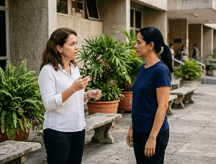 Servidora do Governo do Estado de São Paulo conversando com colega sobre a rubrica RMC no contracheque e a compra de dívida do cartão de benefícios com a LMR Promotora.