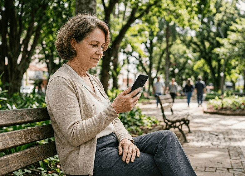 Aposentada do Governo do Estado de São Paulo consultando informações sobre o saque do cartão de benefícios SPPREV via Neocrédito com a LMR Promotora, produto disponível também para servidores ativos via DDP-SP.