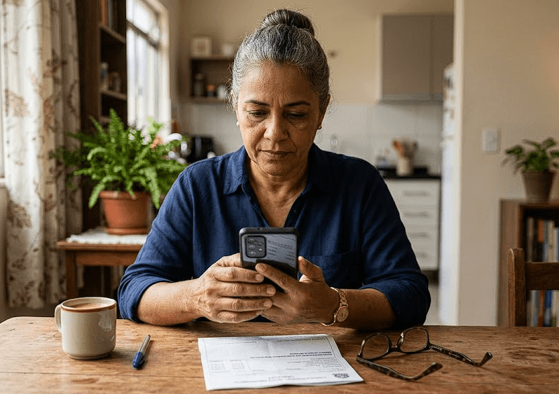 Servidora do Governo do Estado de São Paulo verificando com atenção no celular se a compra de dívida do cartão de benefícios consignado GOV SP é golpe, antes de contratar com a segurança da LMR Promotora.