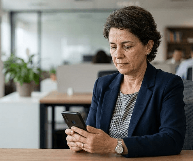 Servidor público federal aposentado consultando no celular a simulação do seu empréstimo consignado SIAPE feita pela LMR Promotora, em ambiente corporativo neutro e tranquilo.