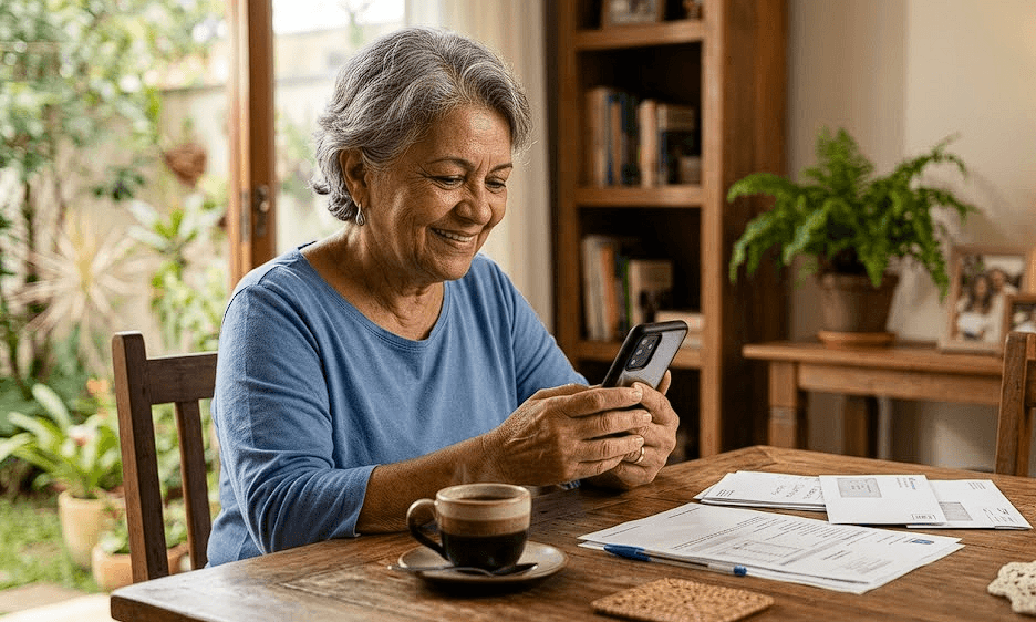 Aposentada do SPPREV consultando opções de empréstimo consignado no celular, em casa
