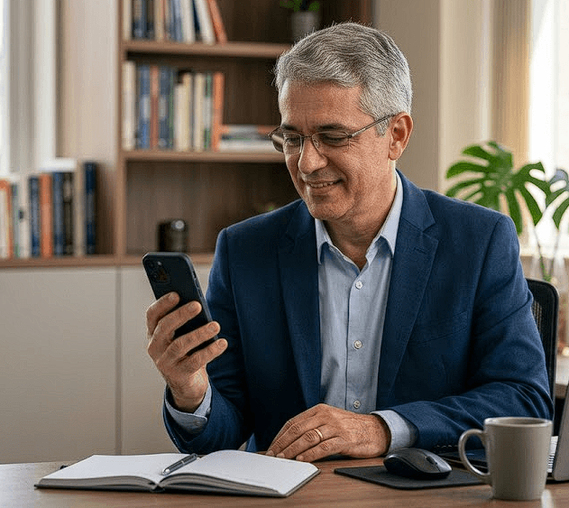 Servidor federal avaliando no celular a portabilidade do consignado SIAPE com a LMR Promotora.