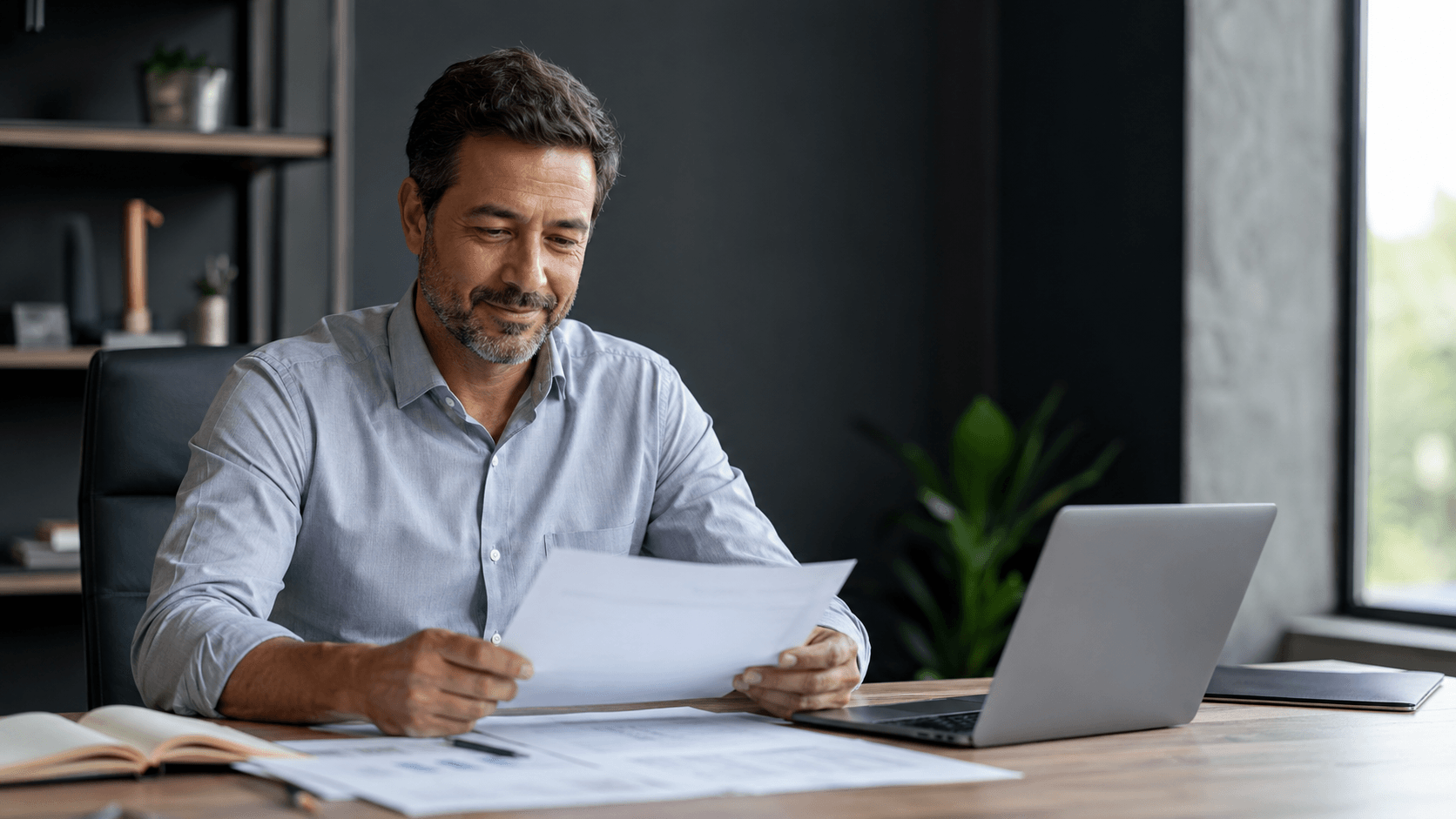 Empresário de pequena empresa revisando as finanças no notebook, aliviado após trocar a dívida cara de capital de giro pelo Pronampe com a LMR Promotora.