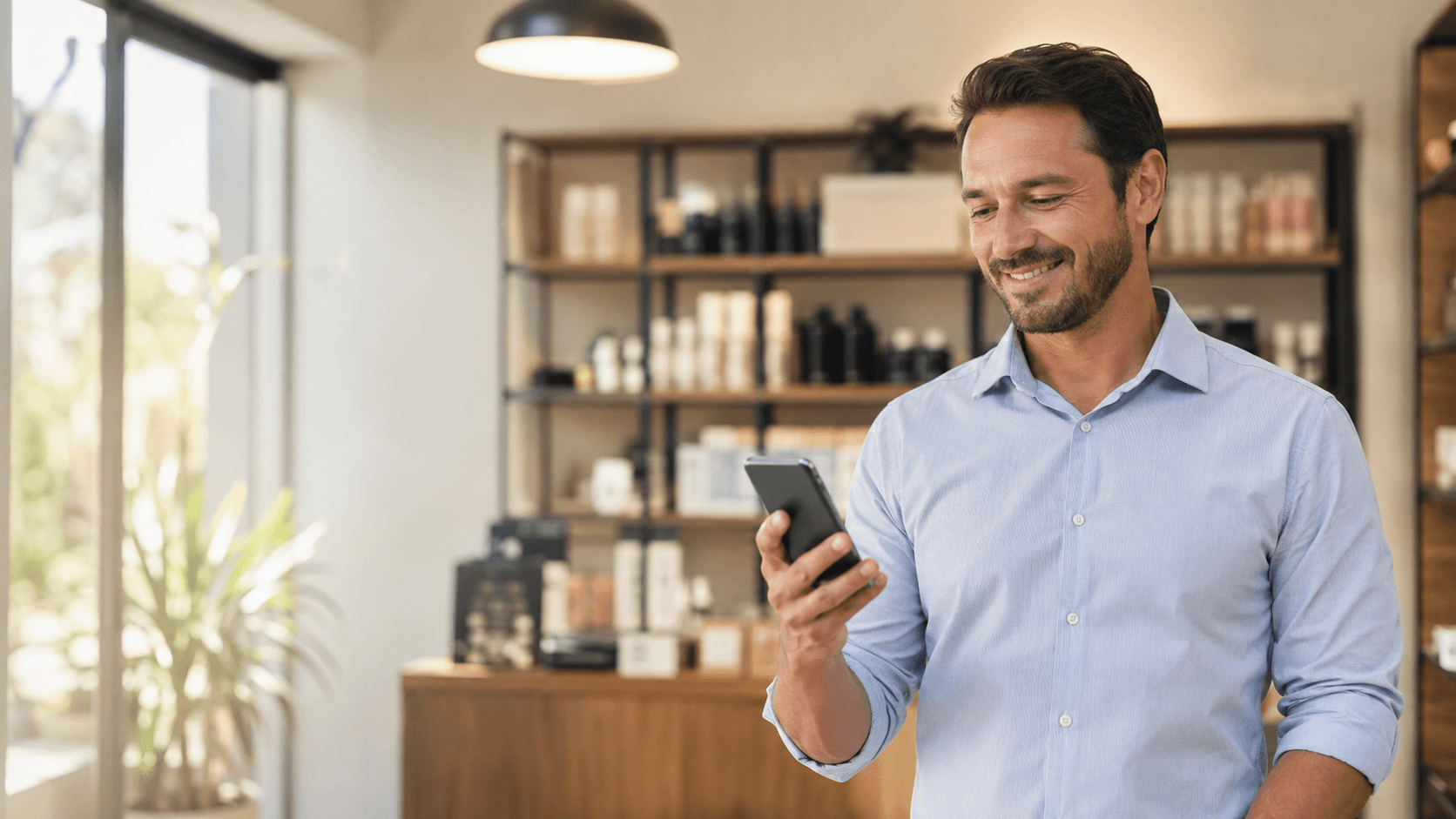 Empresário conferindo como solicitar o Pronampe 2026 pelo celular com a LMR Promotora