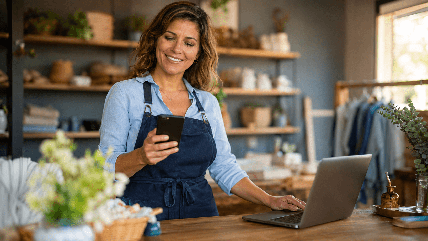 Empreendedora usando o simulador Pronampe 2026 da LMR Promotora no celular