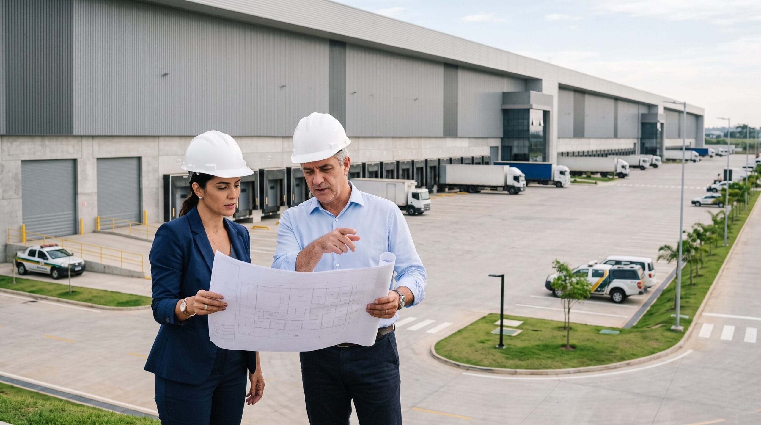 Empresária e engenheiro analisam planta de um centro de distribuição de grande porte, ilustrando um projeto de expansão empresarial com Built to Suit.
